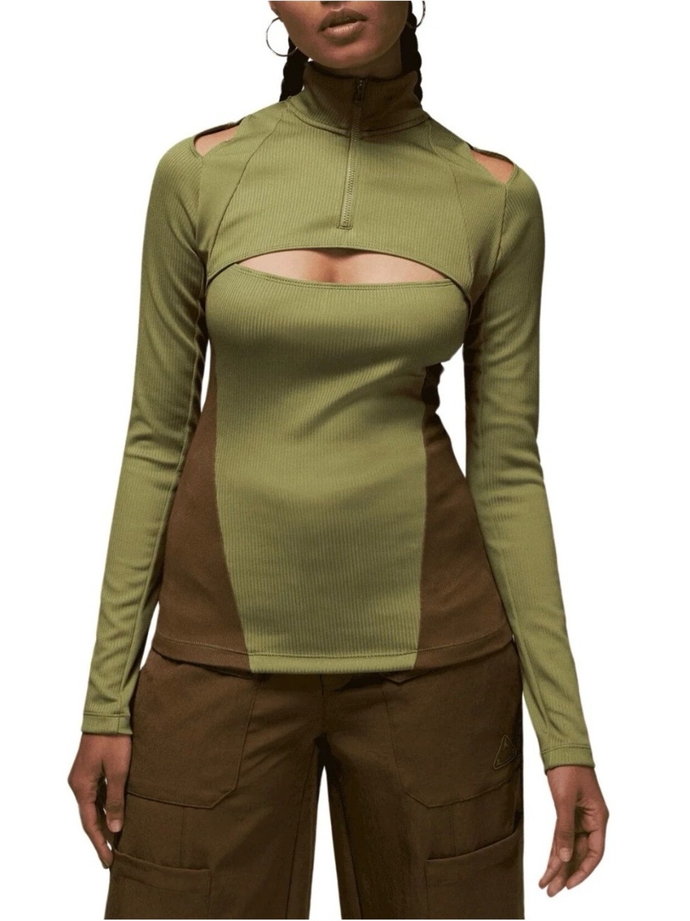 Jordan Olive Green Ribbed Long-Sleeve Top with Cutouts